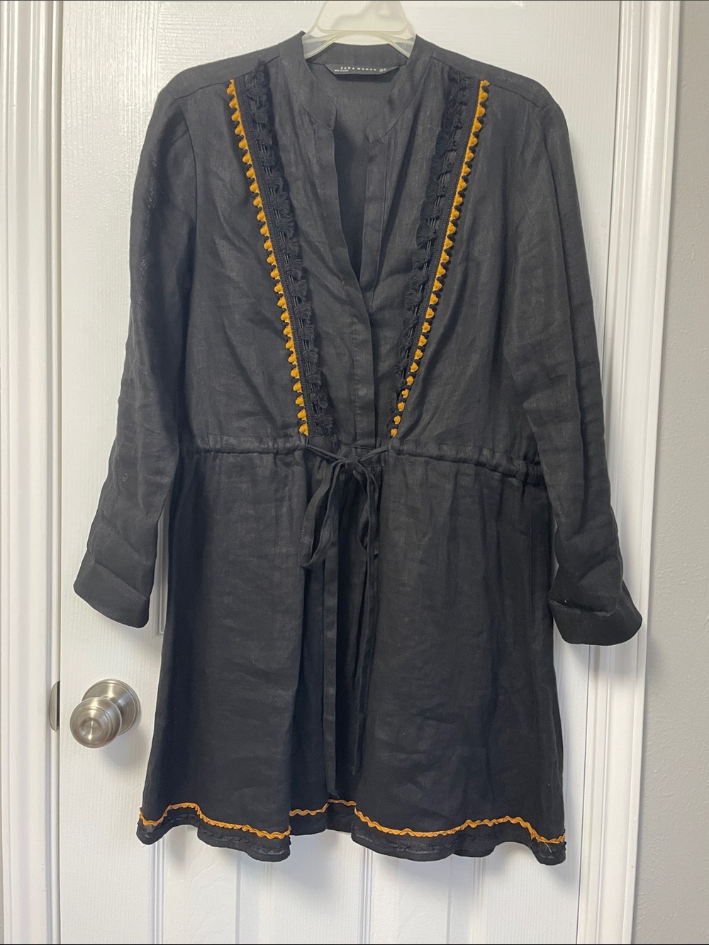 Zara Black Linen Mini Dress with Brown Trim